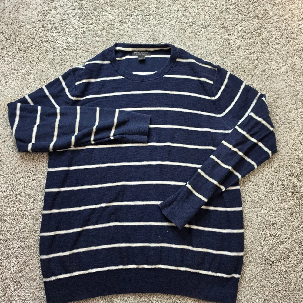 Banana Republic Sweater Mens Large Navy Blue White Striped Cotton Slub Nautical